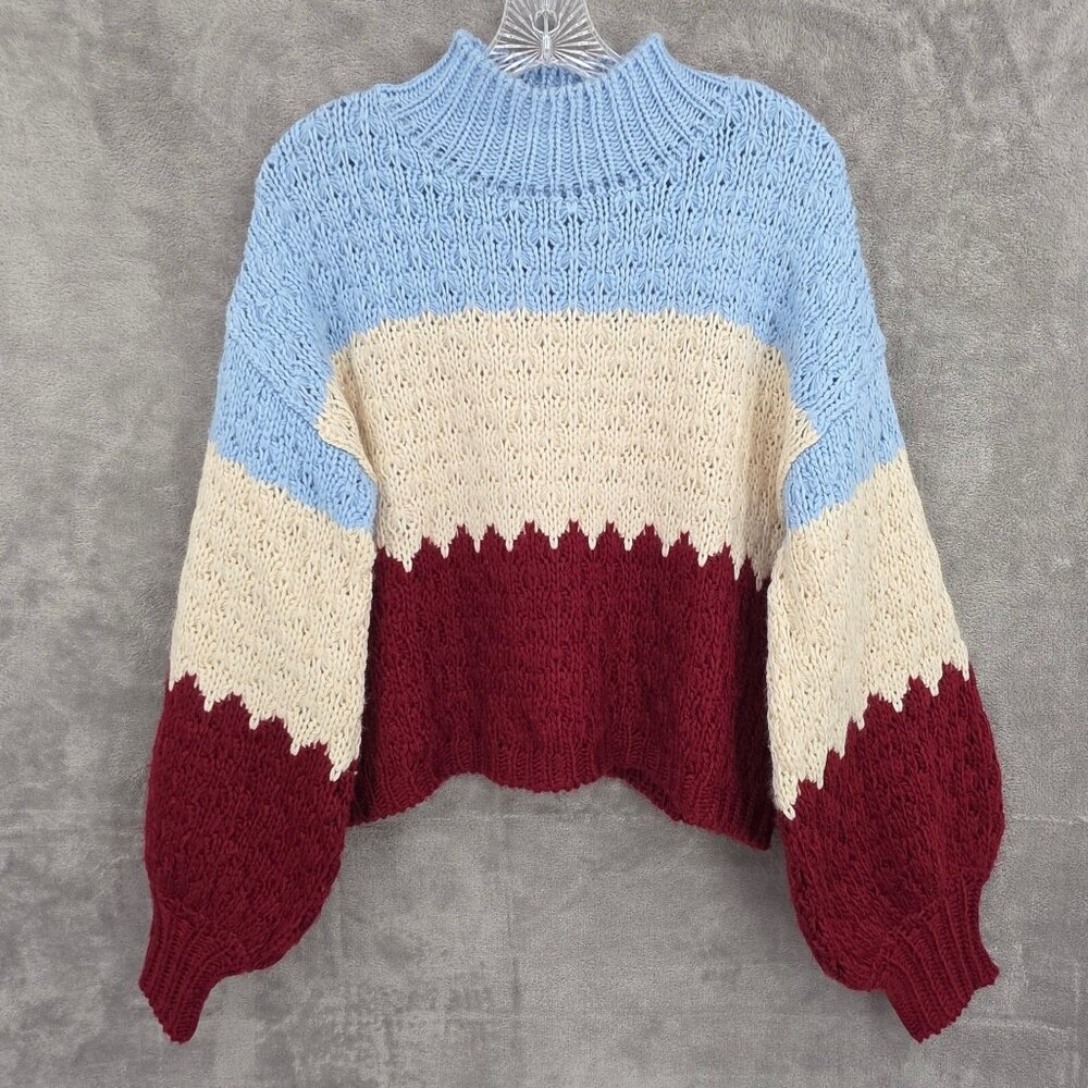 Anthropologie Nell Colorblocked Sweater XS Cropped Oversized Boxy Blue Red White
